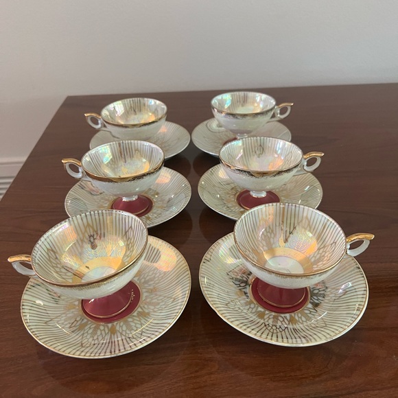 Other - Set of 6 1960’s Era Opalescent Demitasse Cups And Saucers Red Gold Accent Color